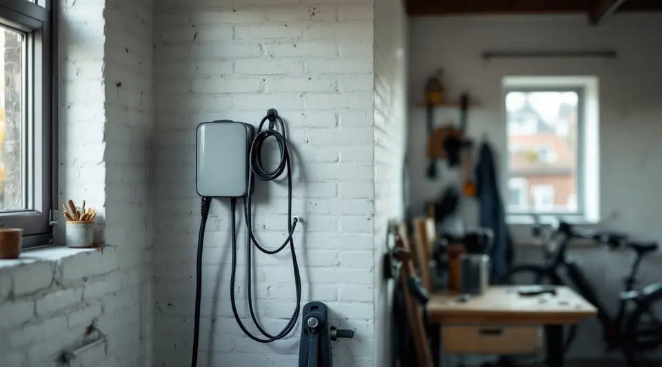 Een grijze laadpaal aan een witte bakstenen muur in een garage, met een opgerolde laadkabel