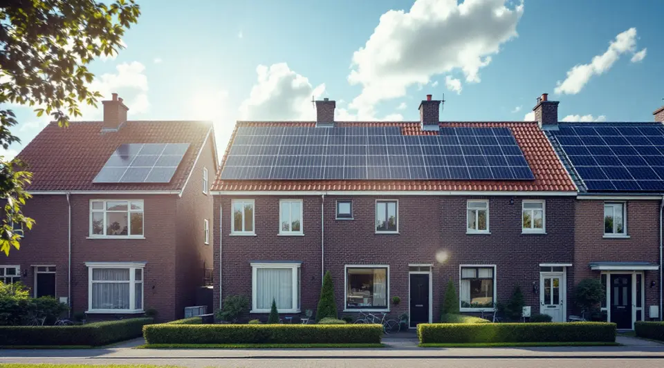 Een rij Nederlandse rijtjeshuizen met zonnepanelen op het dak in de middagzon