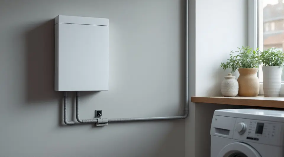 Een witte thuisbatterij aan de muur van een bijkeuken, naast een wasmachine