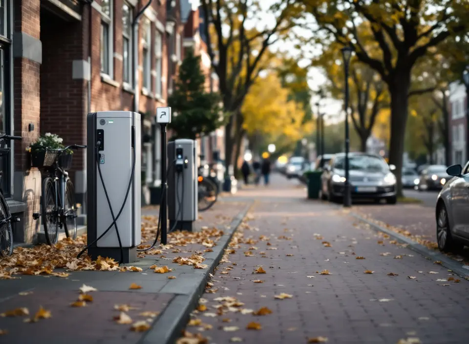 Twee publieke laadpalen op de stoep van een Utrechtse straat met bakstenen huizen, fietsen en herfstbladeren