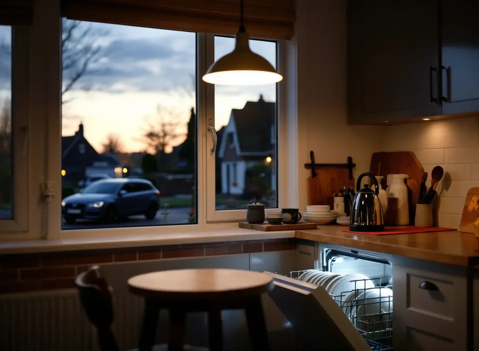 Een keuken op de avond: de vaatwasser draait, buiten staat een auto op de oprit