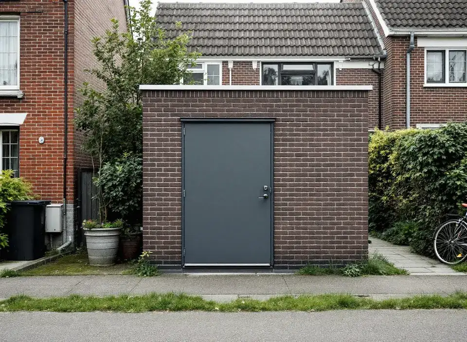 Een klein bakstenen transformatorhuisje met een grijze stalen deur in een Nederlandse woonstraat
