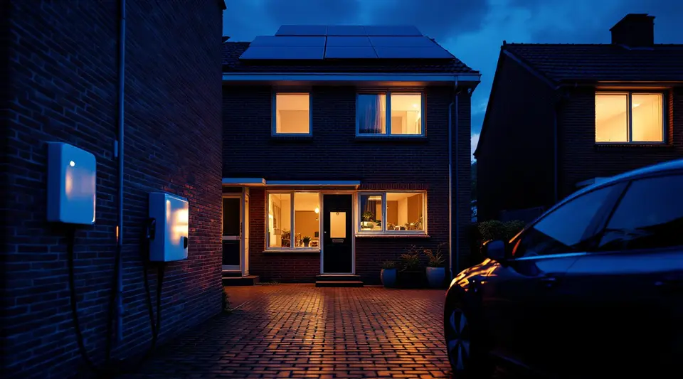 Avond bij een bakstenen huis met zonnepanelen: laadpalen aan de gevel en een donkere auto op de oprit