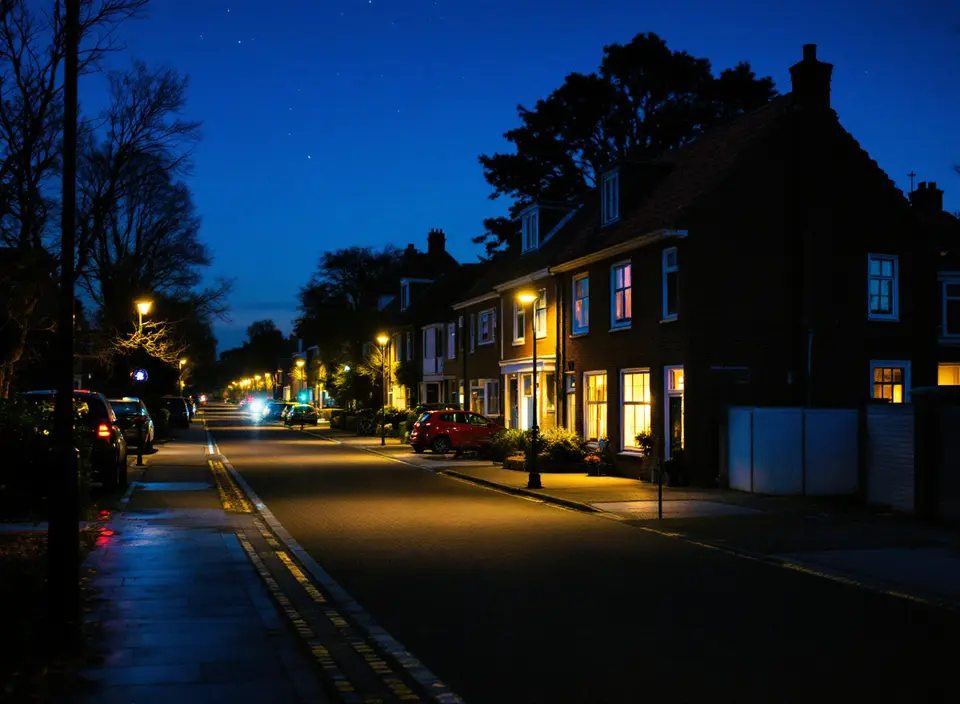 Een woonstraat in de avond: de straatlantaarns en de lampen in de huizen gaan aan